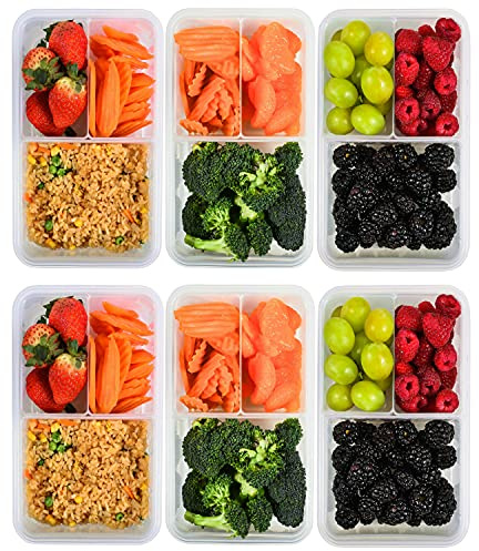 Bento Box Lunch Meal Prep Containers 3 Compartment, Leak Proof, 6 Pack