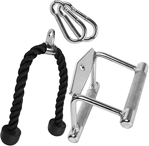 C.P. Sports Set Trizeps-Seil 70cm + Parallel-Griff Vollstahl 14cm + 2X Karabinerhaken 80mm x 8mm – Zughilfen für Bizeps/Trizeps Training, Kabelzug – rutschfest/verchromt – Bodybuilding, Krafttraining
