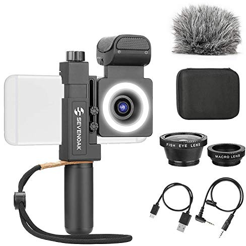 SmartCine Smartphone vidéo Live Stream Selfie Youtuber Vlogger Kit avec Microphone stéréo intégré, lumière LED, Objectif fisheye Grand Angle pour iPhone téléphones Android