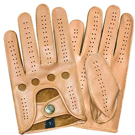 PSS Herr premium mjuk äkta getskinn läder körhandskar ofodrade fullfinger vintage knappstil 521 svarta och bruna handskar för körning cykling utomhussporter 521 Tan M