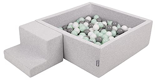 KiddyMoon Parque Infantil De Espuma con Cuadrada Piscina De Bolas (200 Bolas) para Niños, Gris Claro: Blanco/Gris/Menta