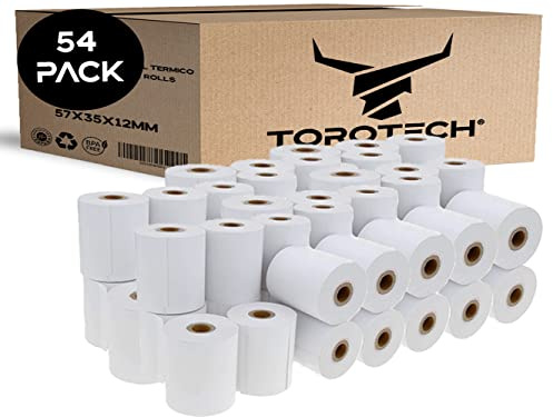 TOROTECH Rullar med vitt termiskt papper för datatelefoner 57x35x12 mm - 54 rullar - Ekologiskt utan BPA - Rullar för terminalbiljetter Kreditkort Hög hållbarhet POS-skrivarrullar (54)