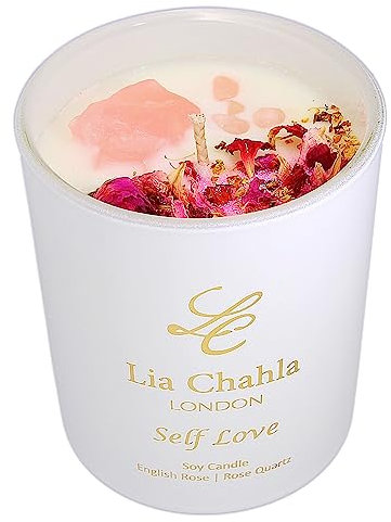English Rose Candle Gift for Women Infused with Rose Quartz Crystals and Flowers (60 hrs) - Premium Aromatherapy Candle for Gentle Healing & Relaxation, Christmas Gifts