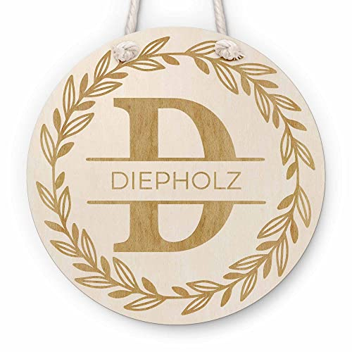 Familien Holzschild mit Gravur | Personalisiertes Holzschild graviert mit Wunschnamen und Buchstaben Monogramm als Wand- & Türschild | Namensschild Wohnungstür