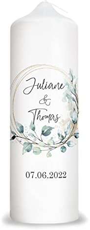 GRAVURZEILE Bedruckte Kerze - Floral Kreis - Personalisierte Traukerze mit Namen & Datum - Geschenk zur Hochzeit an das Brautpaar - Hochwertige Stumpenkerze 250/80 mm - Weiß