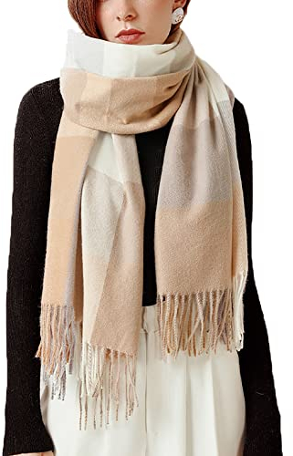 Bakicey Damen Schal XXL Warm Weich Strickschal Karo Winterschal Herbstschal Wolleschal Frauen Deckenschal Halstuch Scarf Poncho Cape (Beige)