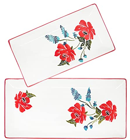 Lashuma 2x Servierteller 28x15 cm - 38x18 cm, Fischplatten Keramik, Vorspeisenteller bunt Mohnblume