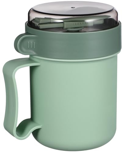 Cabilock 500ml Microwave Soup Mug with Lid and Spoon Leakproof Breakfast On The Go Cup for Overnight Oats Porridge Yoghurt Cereal Container Green