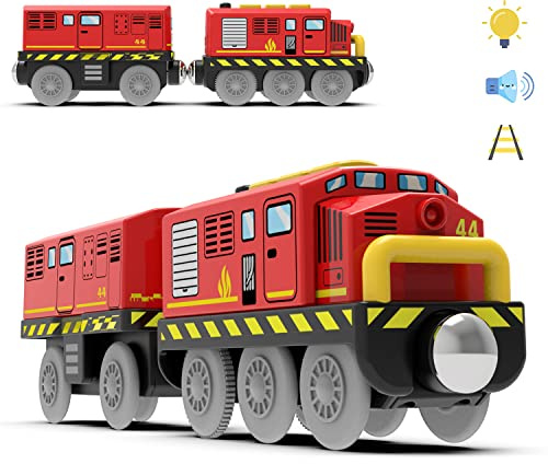 TOPLIVING Batteriebetriebenes Zugset für Holzeisenbahnschienen, leistungsstarker Lokomotivzug (magnetische Verbindung) mit Frontscheinwerfern und Sound für Empfohlen ab 3 Jahren, Rot