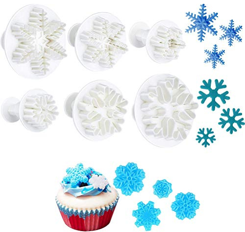 6 Stück Schneeflocken Fondant Ausstecher Schneeflocken Fondant Formen Backform Schokoladen Formen mit Kolben Ausstechformen Kuchenprägewerkzeuge für Kuchendekoratione