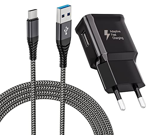 Chargeur avec Câble USB C Nylon Type C 2m Câble de Charge Rapide Compatible avec Samsung Galaxy S21 S20 S8 S8+ S9 S9+ S10 S10 Plus S10e A13 A14 A15 A50 A54 A55 A34 A33 5G, Chargeur Rapide, Noir