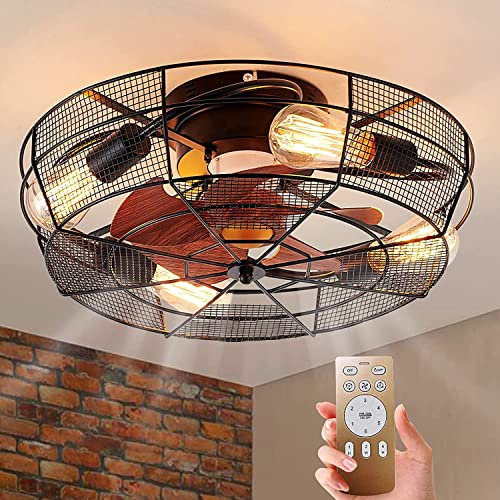 Ventilatori Da Soffitto Silenziosa Con Illuminazione e Telecomando Plafoniera Gabbia in Retrò Fan Ceiling light industrial Vintage Ventilatore da Soffitto con Luce (C 55 * 55 * 27cm)