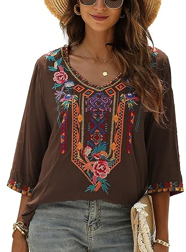 Seasonal Hauts brodés bohème mexicaine pour femmes été Boho chemises hippie paysanne à manches 3/4 col en V blouses tunique, 3XL