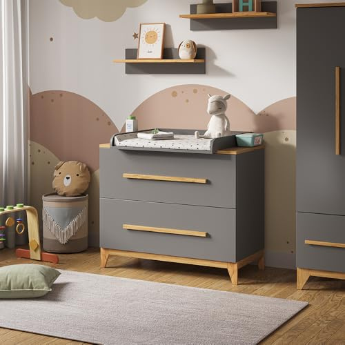 VitaliSpa Wickelkommode Malia, Grau, 108 x 98 cm mit 2 Schubladen, mit abnehmbarem Wickelaufsatz zur Nutzung als Kommode