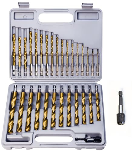 ROGAPER 30 PCS Titanium Impact Drill Bit Set, Hex Shank Drill Bit Set for Wood, Steel, Metal, and Plastic with Quick Change Design, HSS Titanium Twist Drill Bit with Storage Case, 5/64 to 1/2