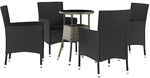 Makastle Bistroset 5-teilig, Balkonset Gartengarnitur mit Kissen, Outdoor Sitzgruppe für 4 Personen, Bistrotisch mit Gartenstühle, Gartenmöbel für Balkon, Schwarz Poly Rattan