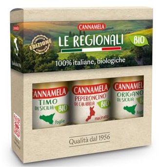 Cannamela – Le Regionali BIO, Special Pack con 3 Spezie ed Erbe Aromatiche. Timo di Sicilia (7g), Peperoncino di Calabria (21g) e Origano di Sicilia (7g).