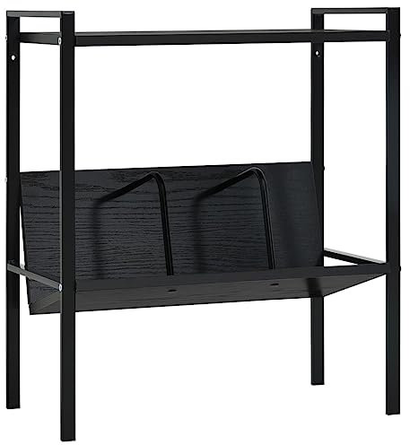 SDWEHO7 Bücherregal, Standregal mit 2 Ablagen, DVD Regal, Zeitungsständer, Zeitungshalter, Zeitschriftensammler für Wohnzimmer Arbeitszimmer, Metallgestell, Schwarz 52x28x59 cm