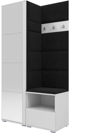 RAVIO Flurgarderobe 100 cm mit Kleiderschrank & Spiegel, Garderobenset Flur mit Schuhschrank, Sitzbank, Garderobenpaneel, Wandpolster & Push to Open Türen - Weiß/Wandpaneele Schwarz