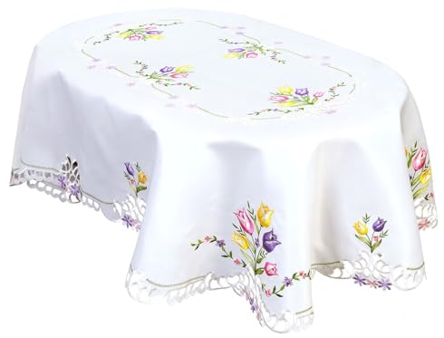 Simhomsen Bestickte Tischdecke mit Tulpenmotiv für Frühling und Ostern (oval, 152,4 x 224,4 cm)