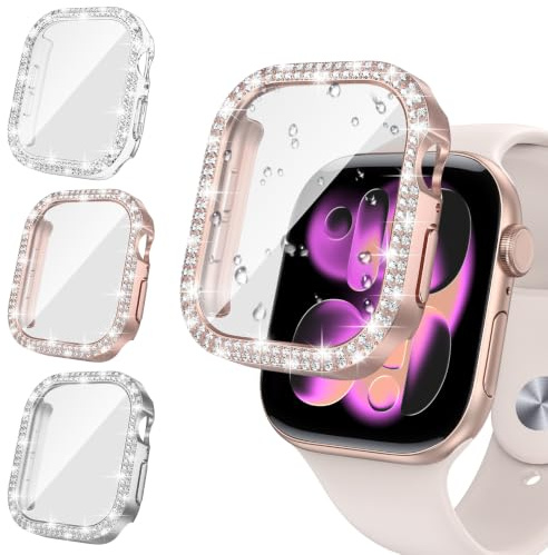 Neitra [3-pack till Apple Watch skärmskydd fodral serie 11/10 46 mm tillbehör, iWatch hård PC diamant stötfångare fodral inbyggd härdat glasfilm, skyddande bling ansiktsskydd för kvinnor flickor, 46