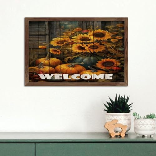 Holzschild mit Holzrahmen, bedrucktes Schild, Willkommens-Motivation, Wandkunst, Holzschild, 20,3 x 30,5 cm, Herbstblume, Kürbis, Sonnenblume, Holzschilder, Heimdekoration für Fenster zu Hause