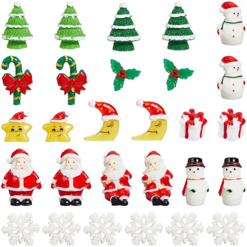 SUNNYCLUE 50 Stück Miniatur Weihnachtsfiguren Mini Schneemann Weihnachtsmann Weihnachtsbaum Zuckerstange Schneeflocke Winzige Weihnachtsdekoration Weihnachtsminiaturen Aus Kunstharz Für Zuhause Büro P