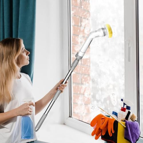 Elektrische Reinigungsbürste, Elektrischer Spin Scrubber mit langem Griff Putzbürste 3 Bürstenköpfe 1 Schwammkopf Zwei Geschwindigkeiten IPX65 Wasserfest