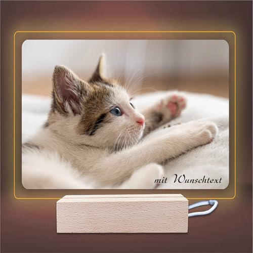 INDIGOS UG - LED Lampe personalisiert - Katze - quer - personalisierte Lampe - mit Foto & Wunschtext - Geschenk - Acrylglas 14x12 cm - optionale Lampe warmweiss