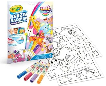 CRAYOLA Färgwonder, färgläggningsset med 18 målarsidor och 4 fläckfria markörer, Unicreatures, kreativa aktiviteter för barn, åldrar 3,4,5 år, kod 25–2905