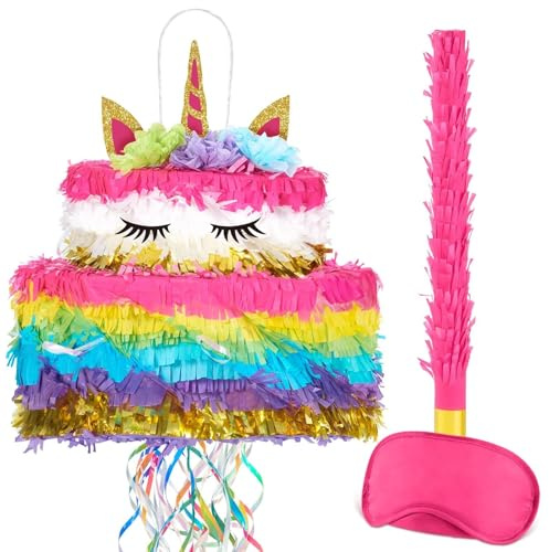 WERNNSAI Einhorn-Kuchen-Piñata – Faltbare Regenbogen-Kuchen-Piñata mit Augenbinde und Fledermaus für Mädchen, Geburtstagsparty-Dekorationen, Kindergeburtstag, Party, Spiel, Jubiläumsfeier, Zubehör