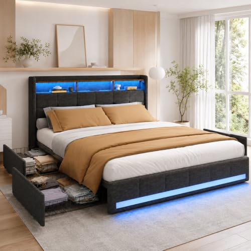 Polsterbett Doppelbett 160 x 200 cm,Boxspringbett,Stauraumbett mit LED, gepolstert Bett mit stauraum,Funktionsbett mit Kommode für Doppelbett und 4 Schubladen, Kopfteil und Lattenrost (Grau + Leinen)