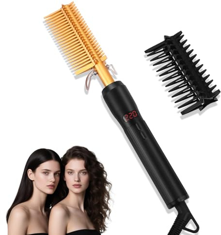 Peine Caliente Eléctrico, Professional 2 en 1 Plancha de Pelo, 330 °F - 450 °F, 4 Configuraciones de Temperatura, Peine Alisador de Cerámica para Pelucas, Afros y Barbas, Cabello Humedo y Seco