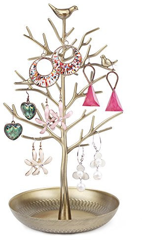 FSROOMZ Portagioie a forma di albero con uccelli, per collane, anelli, orecchini, da donna, in metallo, per ragazze, donne (ciano antico)