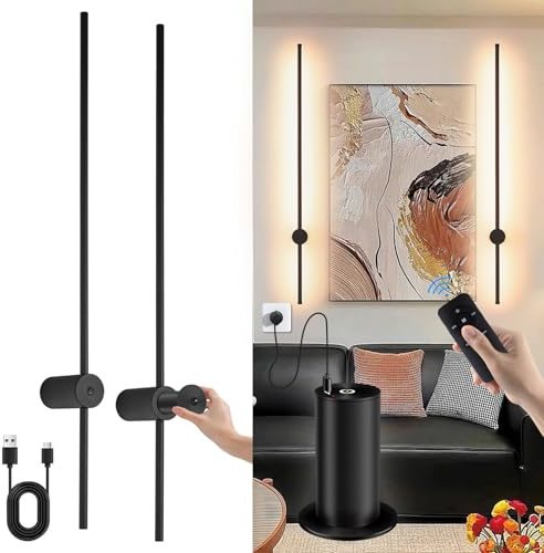 Battery Operated Wall Lights Indoor, USB Rechargeable Wall Light Wireless, Dimmable LED Wall Lamp with Remote Control, Black 100CM, 360° Rotation, Modern Wall Sconce for Living Room Bedroom, 2 Pack