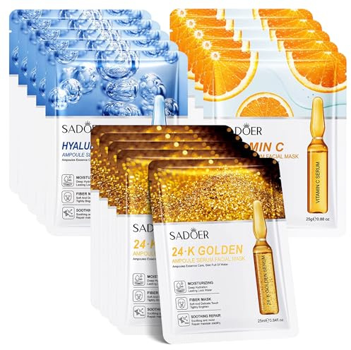 15 Stück Gesichtsmaske Geschenkset Frauen,Hydrat Gesichtsmasken Set,Face Mask mit Hyaluronsäure, Vitamin C, 24 Karat Gold,Geschenk für Mutter und Freundin,Erfüllen Sie verschiedene Hautbedürfnisse
