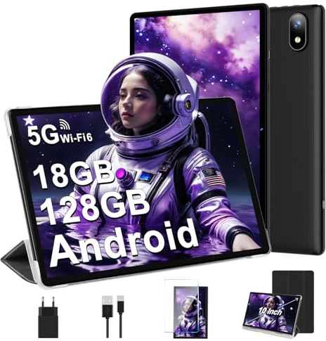 DMOAO Tablet 10 Pollici Android 14 con 18GB RAM + 128GB ROM(TF 1TB), HD Tablet con 5G Wi-Fi 6, Widevine L1, Octa-Core 1.8 GHz, USB-C, BT 5.0, 6000mAh, Custodia, Nero
