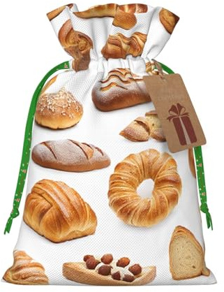 (Painted Bread) Drawstring Gift Bags for Birthday Party Christmas Reusable Holiday Wrap Bags Medium Size