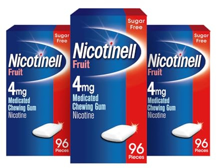 Nicotinell Fruit Gum 4mg (3 x 96 Pieces), Stop Smoking Aid, Sugar Free Nicotine Gum, Mild Fruit Flavour, 4mg Regular Strength for Heavy Smokers, Quit Smoking Aid