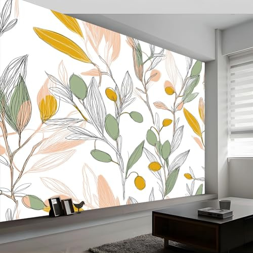 Papel pintado panorámico estilo acuarela 400An x 280Al cm, tapiz mural decoración salón - Papel pintado diseño moderno plantas enredaderas hojas de olivo para habitación infantil decoración mural