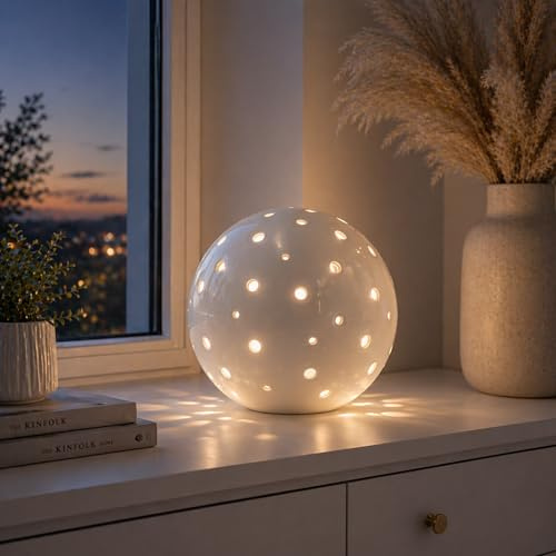 Jumbos Dekowelt Keramik Kugel Mit LED Und Timer, / , 4 Größen Rund, Weihnachts Ganzjahres Dekoration, Schwarz, Silber, Gold, Weiß, Ø 13-26 Cm, 26cm