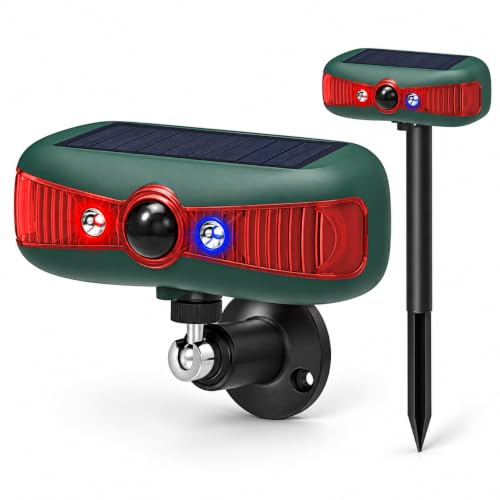 QingRain Alarme de sécurité à énergie solaire : sirène puissante de 129 dB et stroboscopes rouge-bleu, 4 modes dissuade les cerfs, chats, ratons laveurs, étanche, double support pour cour/jardin/ferme | Stroboscope rouge bleu | Sirène 130 dB | PIR 110° | 4 modes | cour, poulailler, ferme, allée, grange, jardin