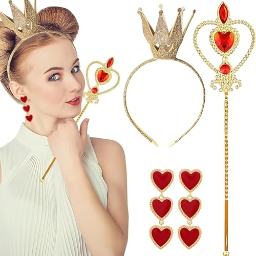 OIXYEY 1 Set Coroncina Principessa, Corona E Principessa Bacchetta, Accessori Principessa, Orecchini A Forma Di Cuore, Accessori Abito Per Carnival Birthday Party, Cosplay, Festa Di Halloween,Oro