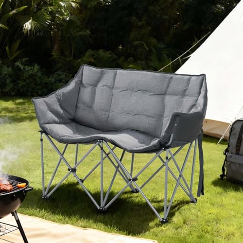 Aoxun Double Camping Chair Padded Folding Sofa for Adults - 2 Seater Sofa Heavy Duty Lawn Chairs with Side Pocket - Fishing Garden Chairs Outdoor Portable Oversized Comfy, Grey