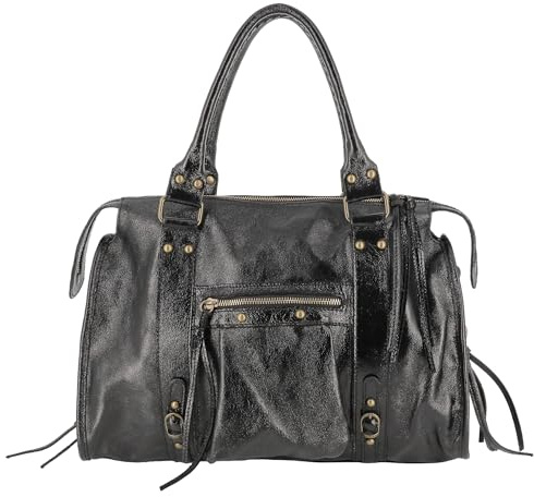 Double Tree Sac Bowling Cuir Irisé Femme Fourre-Tout avec Bandoulière - Sac à Main Cabas Travail Cours Format A4 - Chic Élégant - Noir Irisé