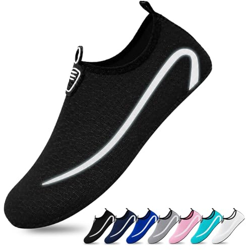 NWDEY Reflective Water Shoes for Women Men, Quick Dry Beach Swim Shoes, Non-Slip Sea Aqua Shoes for Pool Surfing Lightweight (Black, Adult, Men, 4, Numeric, UK Footwear Size System, Medium)