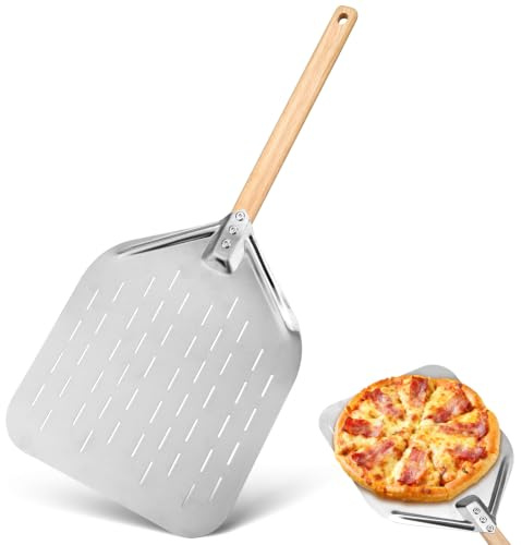 Samamoca Pelle à pizza perforée 39 x 30,5 cm + manche en bois 38,5 cm, pelle à pizza en acier inoxydable argenté de 30,5 cm, grande surface et amovible, pelle à pizza pour pierre à pizza, four et