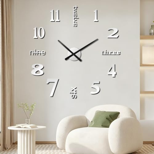 Aolso Orologio da Parete Adesivo Grande, 3D Adesivo Orologio Parete Decorazione, Orologios da Paretes Moderno Grande da 60 a 90 CM, Moderno Digitale Muro Casa, Adatto a Casa, Ufficio, Hotel, Argento