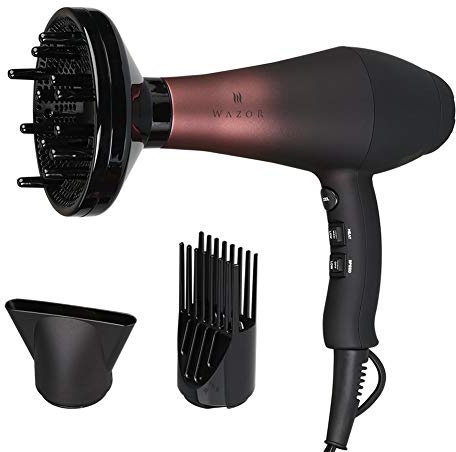 Wazor Professional Ionic Hair Dryer with Diffuser, Infrared Salon Grade Blow Dryer with Comb Attachment, 1875W Powerful Quiet Hair Blow Dryer, Tourmaline Ceramic Hairdryer with Nozzle, Black