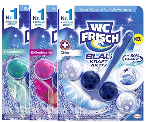 WC FRISCH Kraft Aktiv Ausprobier-Set Blauspüler 3 verschiedene Düfte WC-Reiniger und Farbspüler 3 Stück